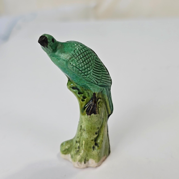 Chinese Miniature Glazed Mud Bird Parrot Green Vintage 3" - Picture 7 of 11